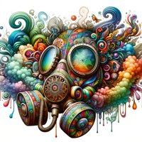 DALL&middot;E 2023-12-21 08.23.40 - A whimsical gasmask adorned with colorful psychedelic patterns and surreal elements, surrounded by a mist of swirling colors and imaginative shapes