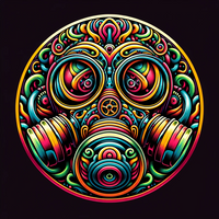 DALL&middot;E 2023-12-21 08.28.51 - A round logo featuring a stylized gasmask with intricate, psychedelic patterns, vibrant colors, and surreal imagery, all encased within a circular fra