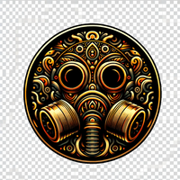 DALL&middot;E 2023-12-21 08.29.44 - A round logo featuring a stylized gasmask in gold, black, and orange colors with intricate psychedelic patterns and surreal imagery, all on a transpar